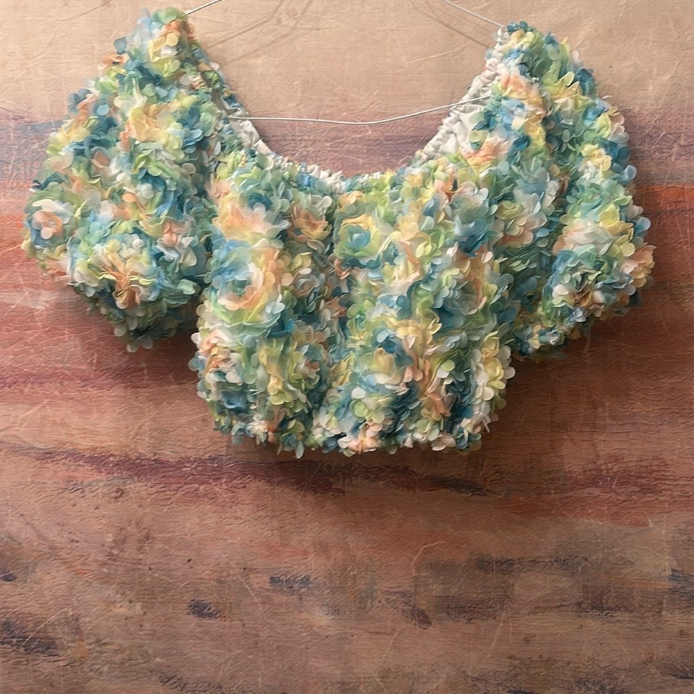 Vibrant Blue and Green Cropped Ruffled Blouse